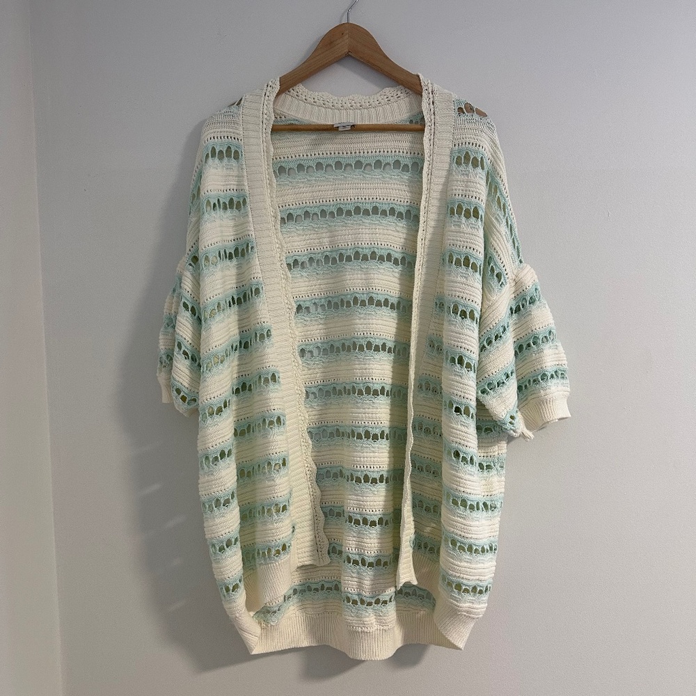 Maeve Anthropologie Open Cardigan White and Mint Green Knit Cotton Size M/L